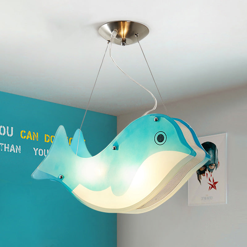 Girls Bedroom Blue Metal Ceiling Pendant With Modern Fish Hanging Light Design - 2 Lights