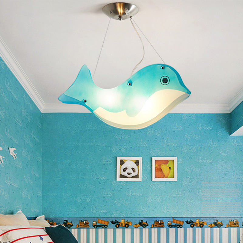 Girls Bedroom Blue Metal Ceiling Pendant With Modern Fish Hanging Light Design - 2 Lights