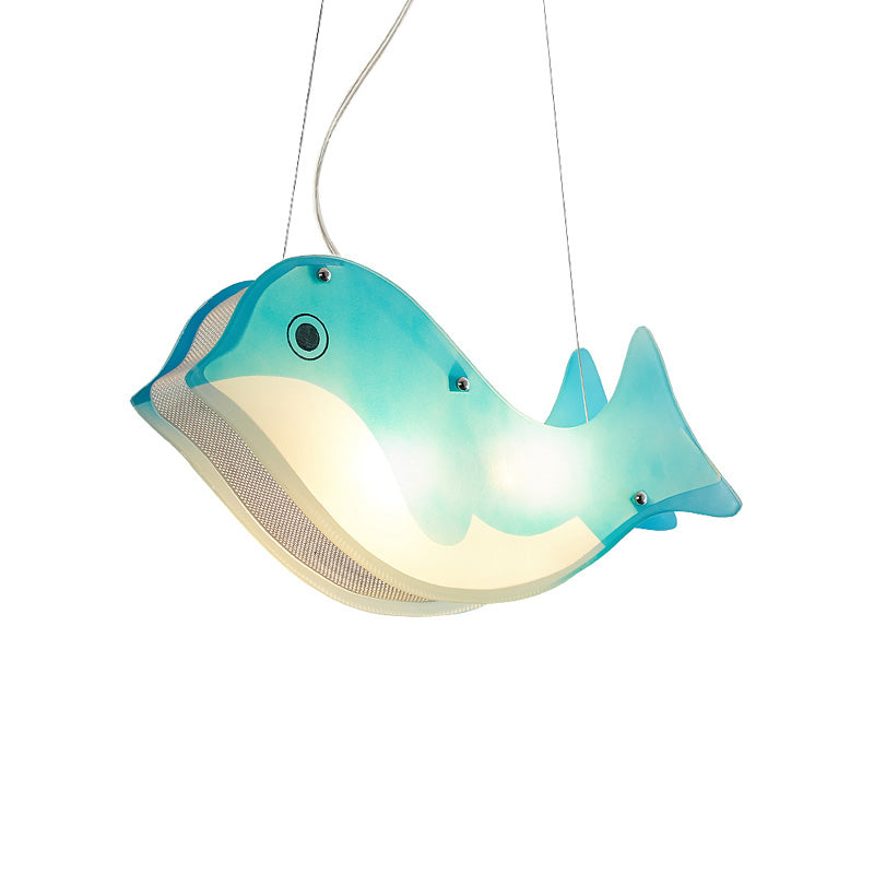 Girls Bedroom Blue Metal Ceiling Pendant With Modern Fish Hanging Light Design - 2 Lights