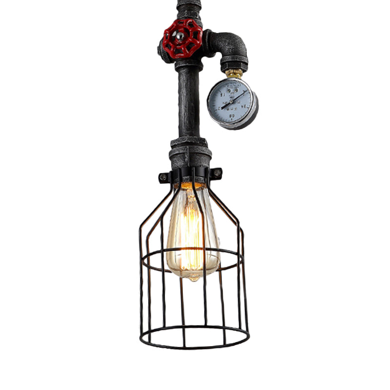 Black Iron Hanging Lamp with Wire Guard, Gauge, and Valve - Industrial Style