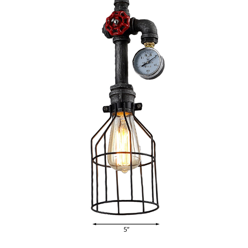 Black Industrial Wire Guard Hanging Light With 1 Head Gauge And Valve