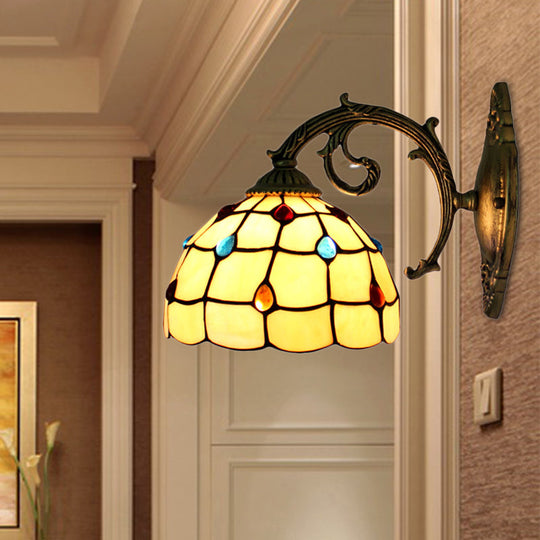 Vintage Stained Glass Bowl Wall Light - 1-Light Sconce Lamp Fixture In Beige With Jewel Pattern