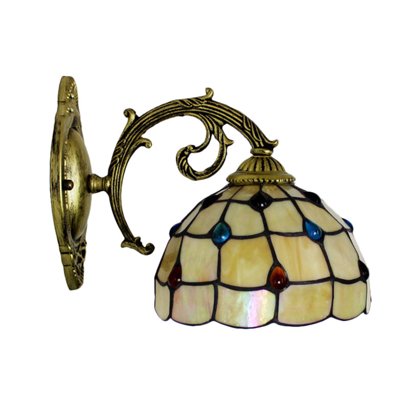 Vintage Stained Glass Bowl Wall Light - 1-Light Sconce Lamp Fixture In Beige With Jewel Pattern