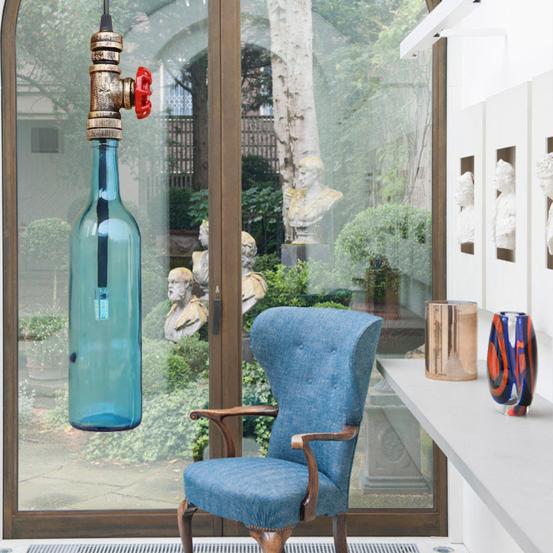 Antique Glass Water Pipe Pendant Light with Bottle Shade and Valve for Restaurant Ceiling Fixture - 1 Light Blue/Amber