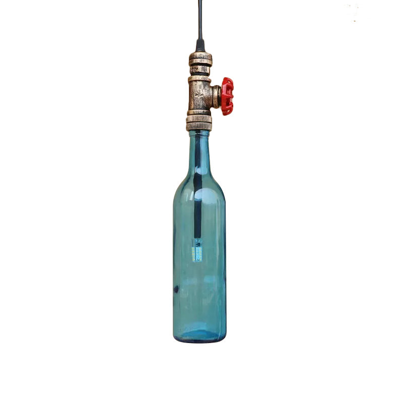 Antique Glass Water Pipe Pendant Light with Bottle Shade and Valve for Restaurant Ceiling Fixture - 1 Light Blue/Amber