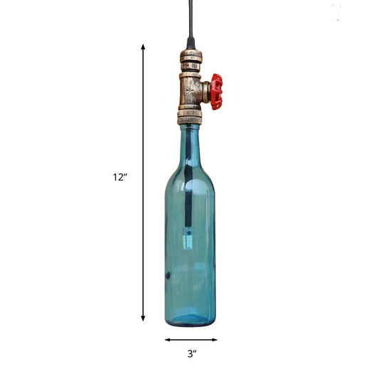 Antique Glass Water Pipe Pendant Light with Bottle Shade and Valve for Restaurant Ceiling Fixture - 1 Light Blue/Amber