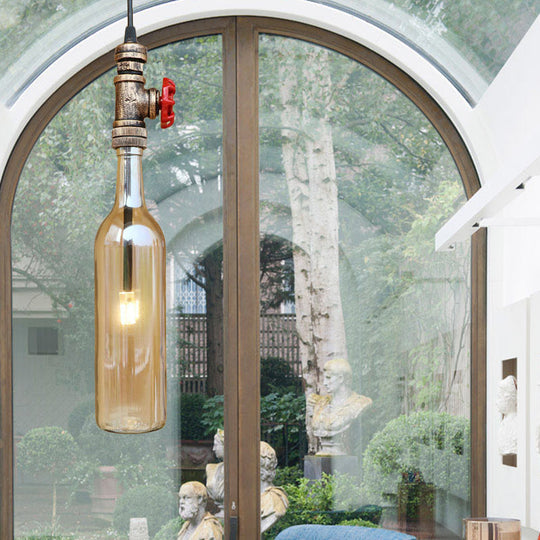 Antique Glass Water Pipe Pendant Light with Bottle Shade and Valve for Restaurant Ceiling Fixture - 1 Light Blue/Amber