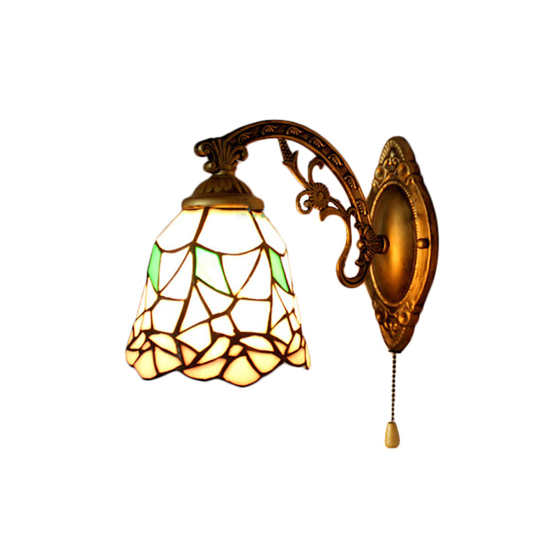 Vintage Stained Glass Bell Wall Sconce: Bedroom Lighting With Flower Pattern Beige