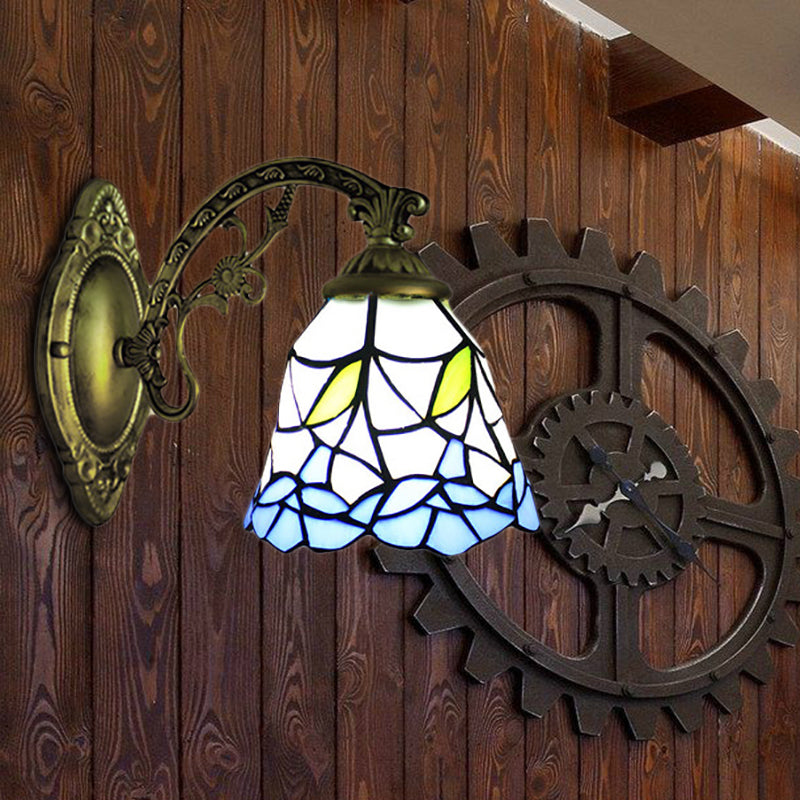 Rustic Stained Glass Wall Sconce With Floral Accent - Blue Bell 1 Light Fixture For Corridor