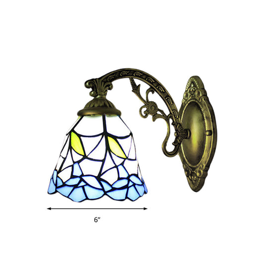 Rustic Stained Glass Wall Sconce With Floral Accent - Blue Bell 1 Light Fixture For Corridor