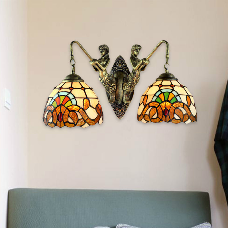 Wall Mounted Baroque Mermaid Stained Glass Sconce Light Set - Antique Bronze