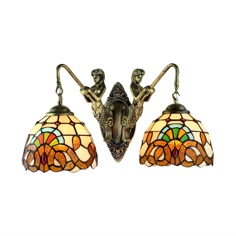 Wall Mounted Baroque Mermaid Stained Glass Sconce Light Set - Antique Bronze