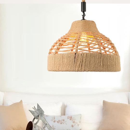 Vintage Industrial Pendant Light - Rope Flared/Bowl Cage Shade 1 Head Beige Restaurant Hanging Lamp