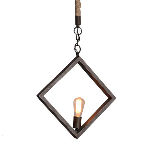 Antique-Style Black Metal Ceiling Light With Rope - Squared Frame 1 Indoor Fixture