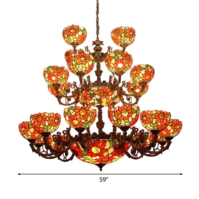 Large 3-Tier Rustic Stained Glass Floral Ceiling Chandelier Pendant