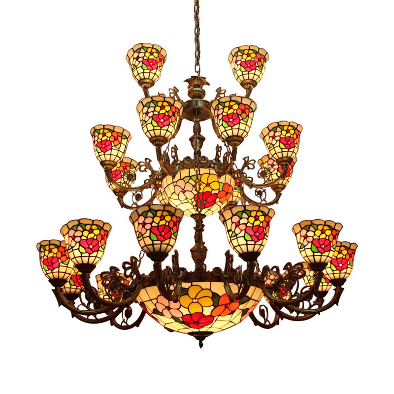 Large 3-Tier Rustic Stained Glass Floral Ceiling Chandelier Pendant