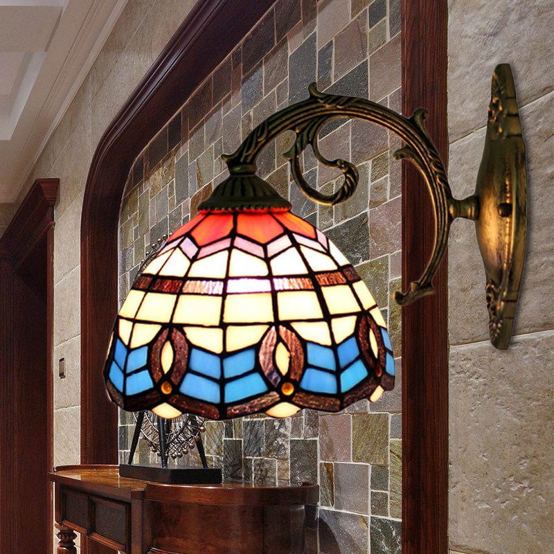 Retro Stained Glass Wall Sconce: Blue Bowl Shade 1-Light Mount