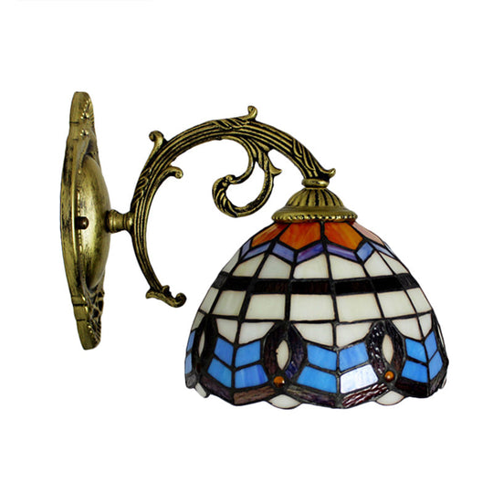 Retro Stained Glass Wall Sconce: Blue Bowl Shade 1-Light Mount