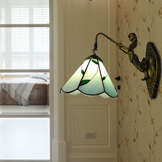 Antique Brass Sconce Light With Green Glass Lily Shade - Elegant Wall Mount For Hallway