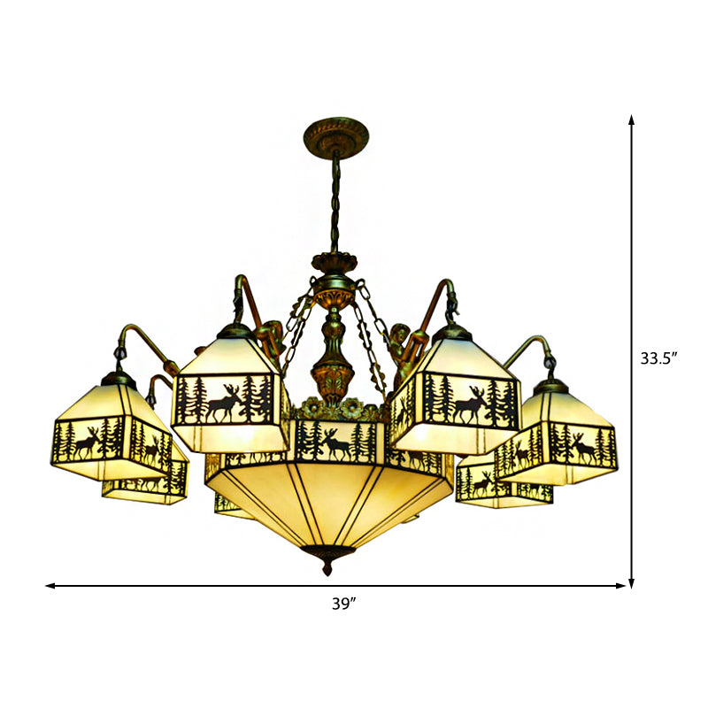 Country Stained Glass Inverted Chandelier with 9 Lights for Small Houses