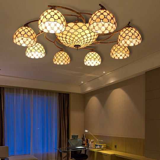 Country-Style Stained Glass Yellow Bowl Chandelier For Dining Room Ceiling