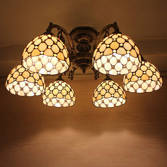 Country-Style Stained Glass Yellow Bowl Chandelier For Dining Room Ceiling 6 /