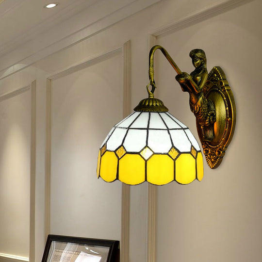 Baroque Yellow & White Glass Sconce Light With Grid Pattern - Brass Wall Mount