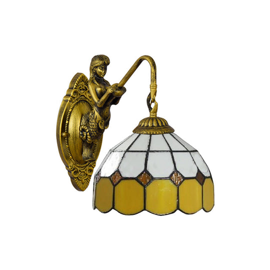 Baroque Yellow & White Glass Sconce Light With Grid Pattern - Brass Wall Mount