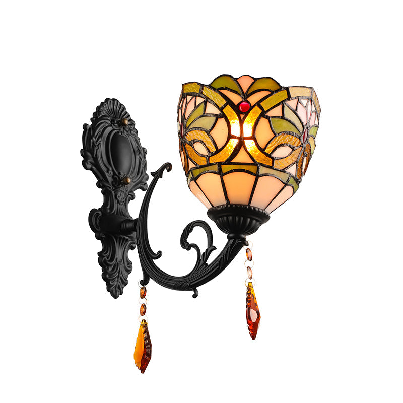 Lodge Stained Glass Wall Sconce Lighting Fixture With Crystal 1-Light