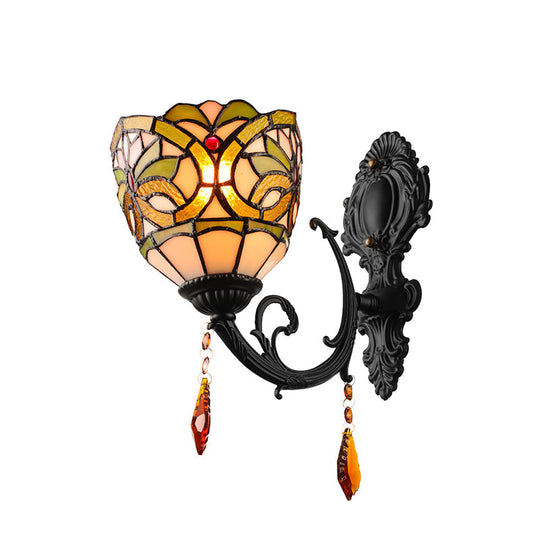 Lodge Stained Glass Wall Sconce Lighting Fixture With Crystal 1-Light