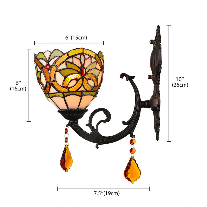 Lodge Stained Glass Wall Sconce Lighting Fixture With Crystal 1-Light