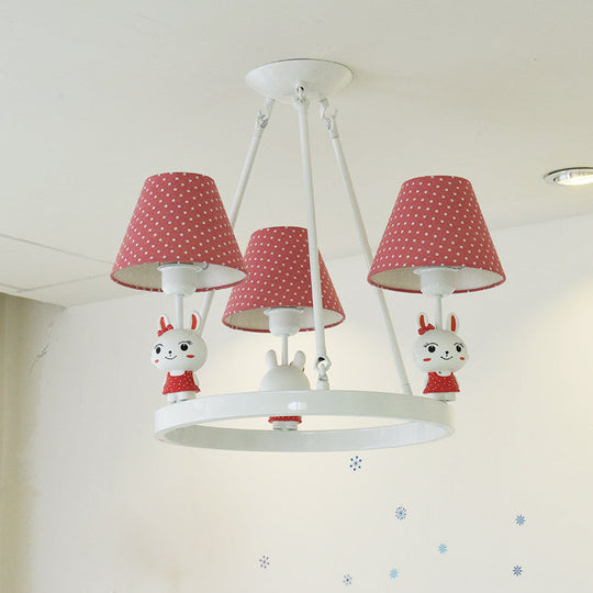 Childrens Pink Bunny Chandelier: Metal 3-Headed Hanging Light With Dot Shade For Girls Bedroom