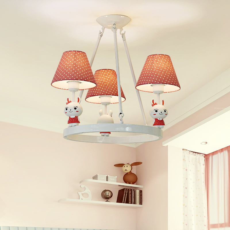 Childrens Pink Bunny Chandelier: Metal 3-Headed Hanging Light With Dot Shade For Girls Bedroom