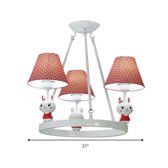 Childrens Pink Bunny Chandelier: Metal 3-Headed Hanging Light With Dot Shade For Girls Bedroom