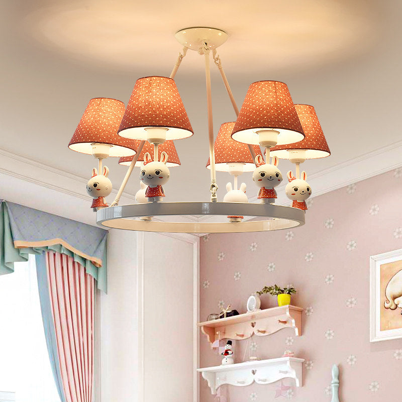 Childrens Pink Bunny Chandelier: Metal 3-Headed Hanging Light With Dot Shade For Girls Bedroom