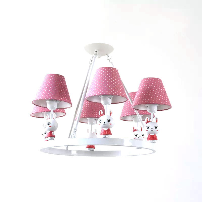 Childrens Pink Bunny Chandelier: Metal 3-Headed Hanging Light With Dot Shade For Girls Bedroom