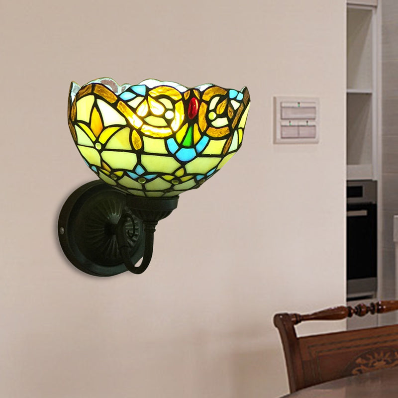 Baroque Bowl Sconce Light Fixture - Yellow/Blue Glass Wall Mounted With Flower Pattern