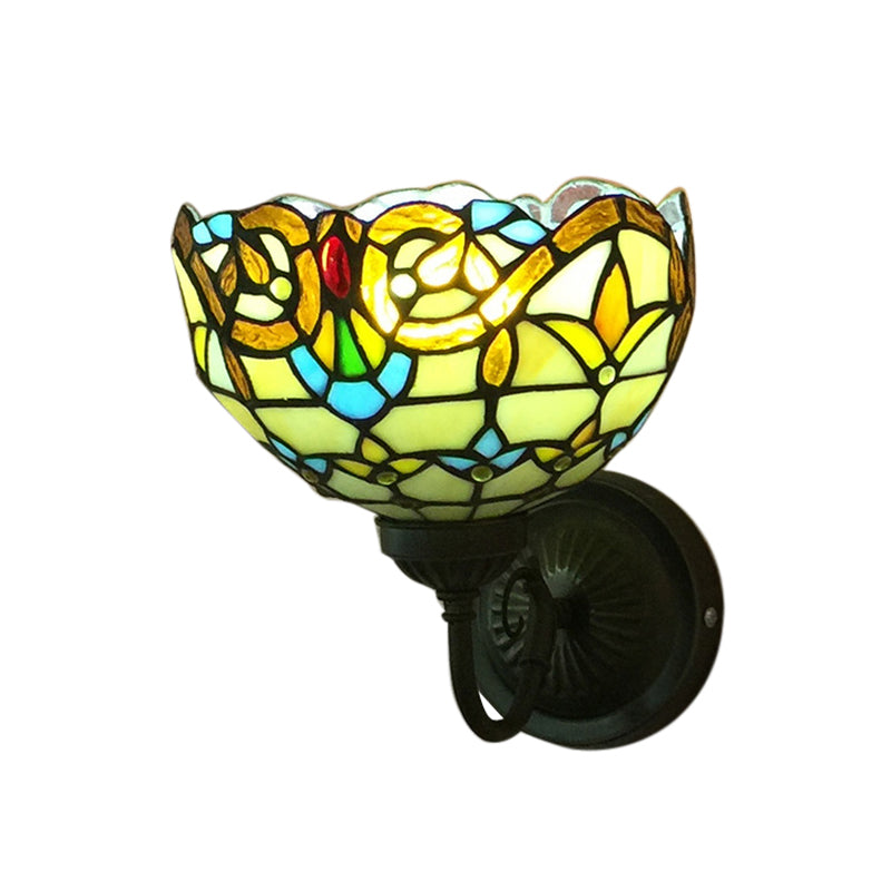 Baroque Bowl Sconce Light Fixture - Yellow/Blue Glass Wall Mounted With Flower Pattern