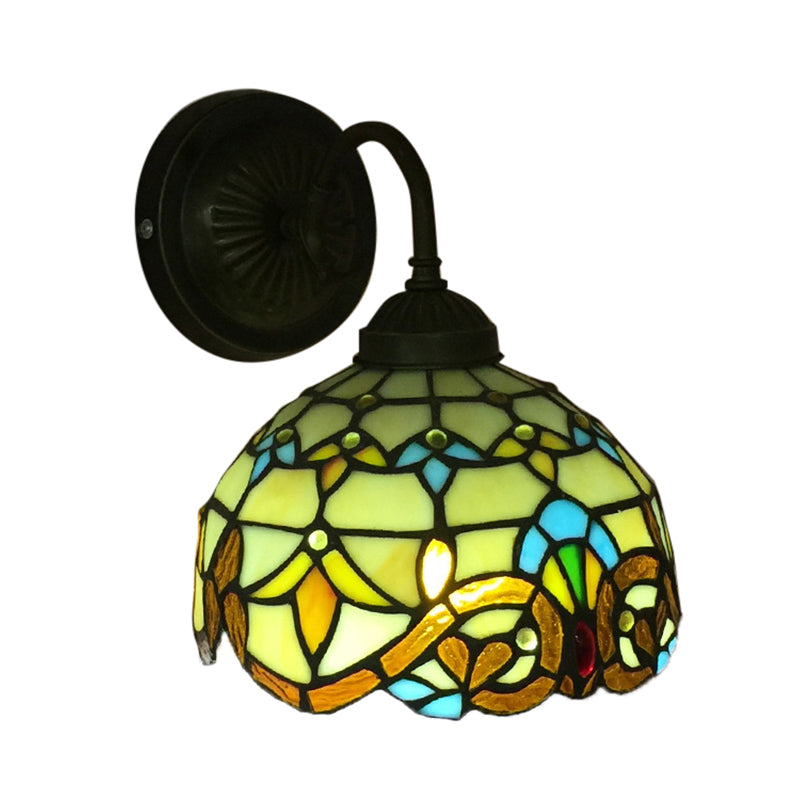 Baroque Bowl Sconce Light Fixture - Yellow/Blue Glass Wall Mounted With Flower Pattern