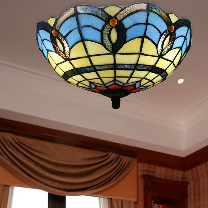 Stained Glass Flush Mount Light Fixture - Retro Bowl Shape 2 Lights Ideal For Dining Room