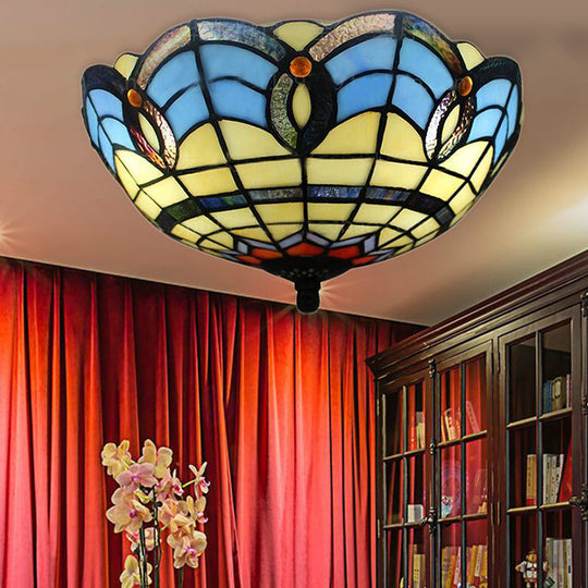 Stained Glass Flush Mount Light Fixture - Retro Bowl Shape 2 Lights Ideal For Dining Room