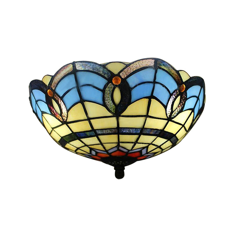 Retro Stained Glass 2-Light Flush Mount for Dining Room - Bowl Shade Flush Light Fixture