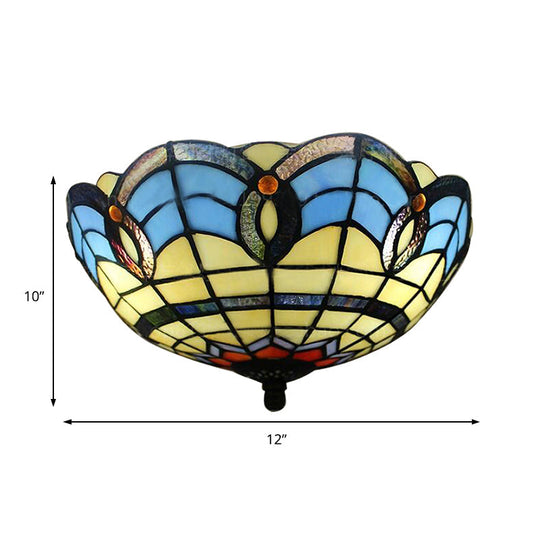 Stained Glass Flush Mount Light Fixture - Retro Bowl Shape 2 Lights Ideal For Dining Room