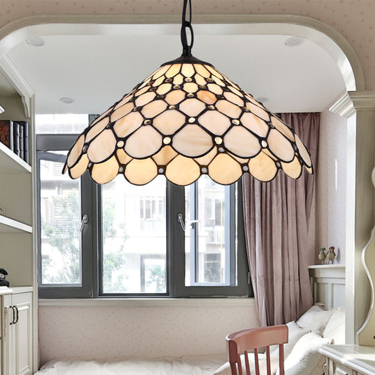 Baroque Hand Cut Glass Fishscale Pendant Light - Beige Hue Single Bulb Suspension