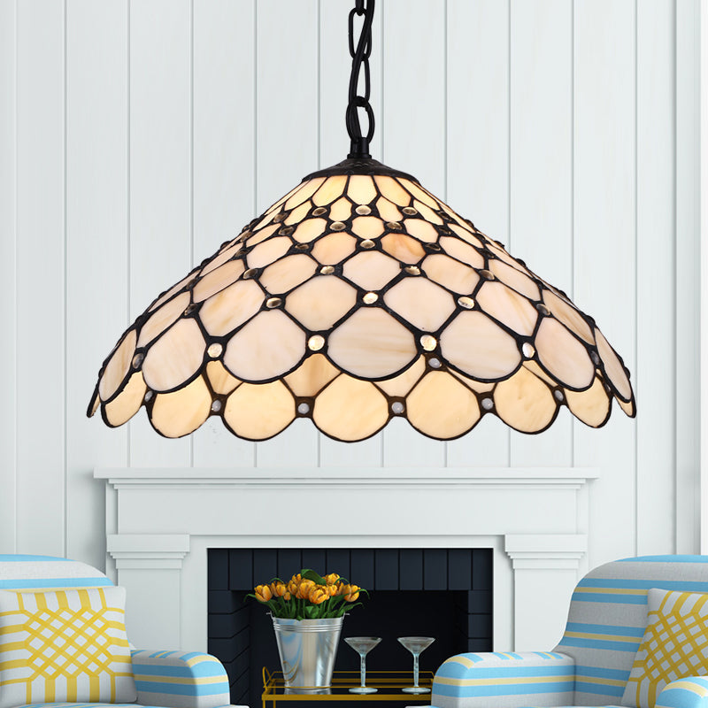 Baroque Hand Cut Glass Fishscale Pendant Light - Beige Hue Single Bulb Suspension