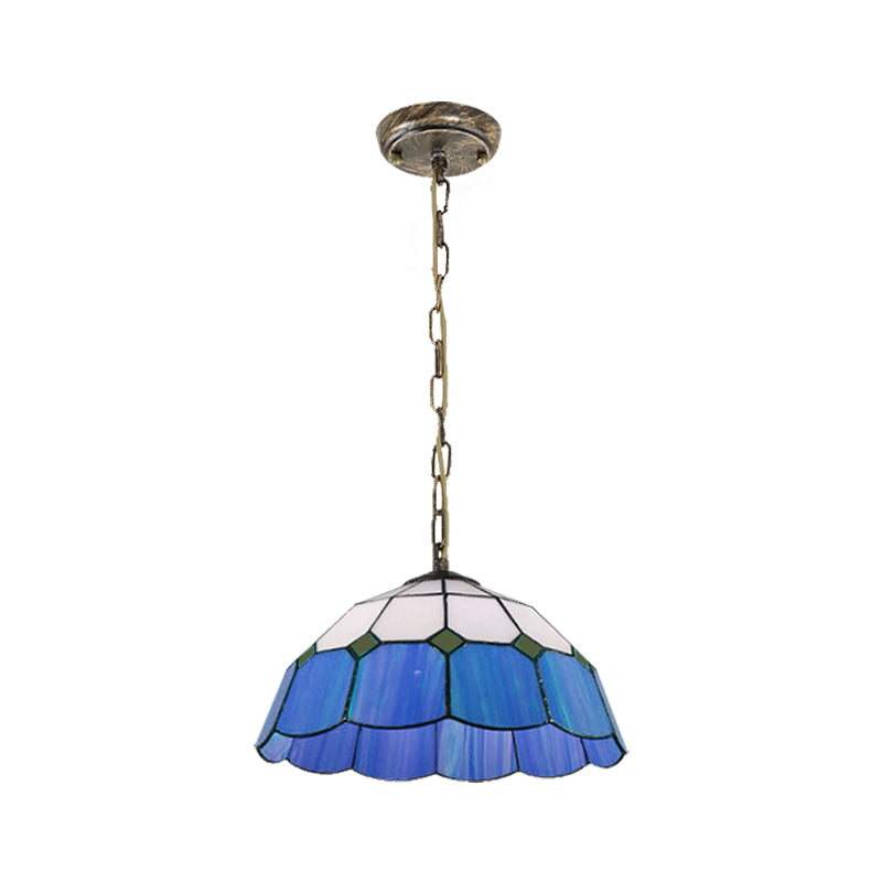 Tiffany Handcrafted Art Glass Ceiling Light: Domed, Yellow/Blue, 1 Head, 12"/16" Wide