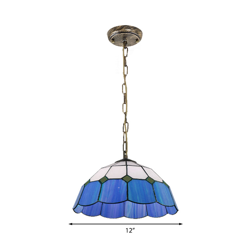 Tiffany Handcrafted Art Glass Ceiling Light: Domed, Yellow/Blue, 1 Head, 12"/16" Wide