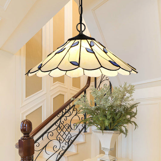 Beige Stained Glass Tiffany-Style Pendant Light With Leaf Pattern And Flared Design