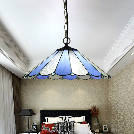 Baroque Blue Hand Cut Glass Conical Suspension Lamp - Bedroom Ceiling Light