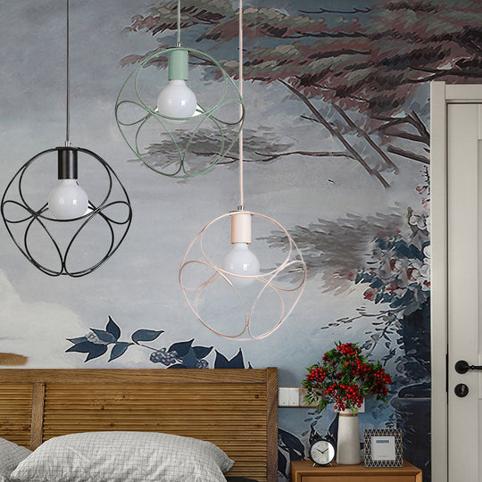 Macaron Globe Wire Frame Suspension Light - 1-Light Metal Pendant for Child's Bedroom